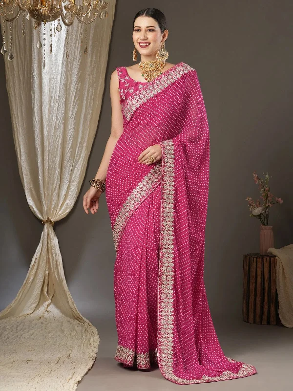 Saree Mall Women's Georgette Pink Zari Embroidered Designer Saree With Blouse Piece-BANDHNI1005 Chic Square Blouse Saree Mall Women's Georgette Pink Zari Embroidered Designer Saree With Blouse Piece-BANDHNI1005 Chic Square Blouse
