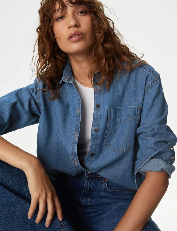 Pure Cotton Denim Longline Shirt-- Boxy Fit Fitted Loose