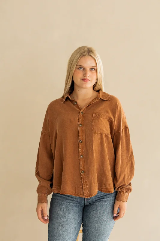 Josie Washed Button Down Shirt | Wooden-- Solid Print Embellished