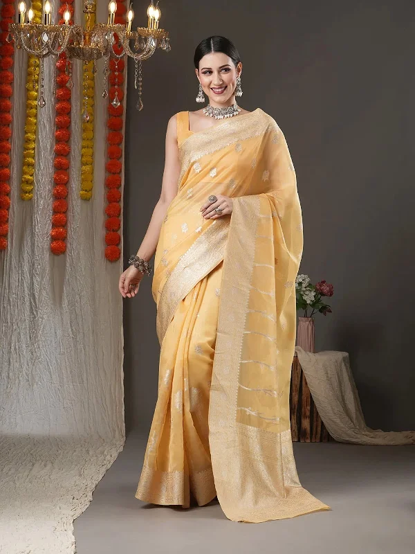 Saree Mall Women's Organza Yellow Woven Design Designer Saree With Blouse Piece-ORGCL07C Casual Relaxed Blouse