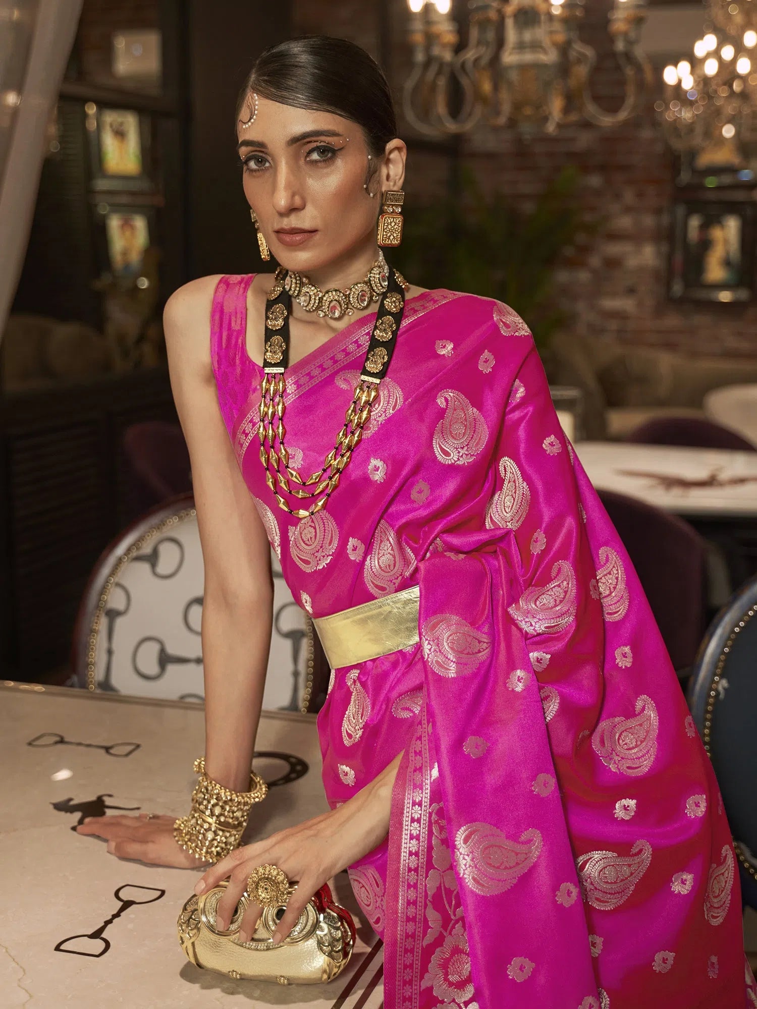 Saree Mall Women's  Blend Pink Woven Design Designer Saree With Blouse Piece-KRISTN288005 Peter Pan Blouse