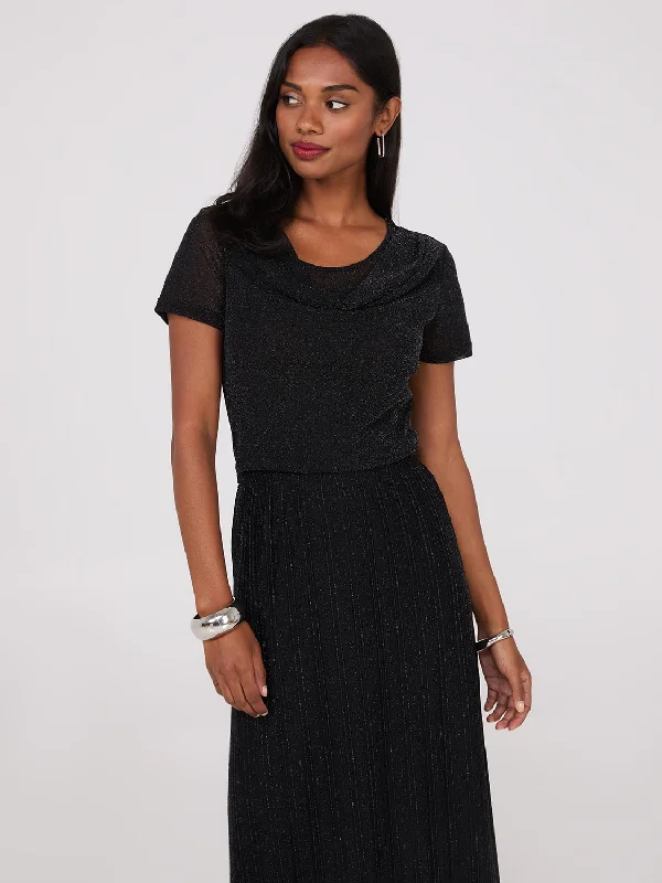 Metallic Mesh Cowl Neck T-Shirt-- Ribbed Striped Patterned