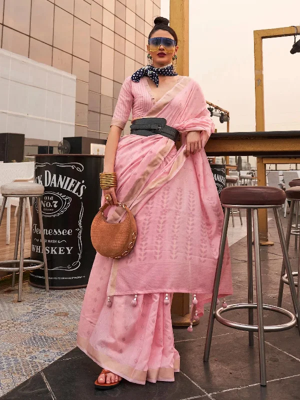 Saree Mall Women's  Blend Pink Woven Design Handloom Saree With Blouse Piece-KAROL5001 Boho Chic Blouse