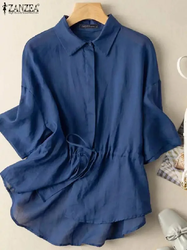 ZANZEA Lapel Collar 3/4 Long Sleeves Solid Color Shirt L S4585772-- Collared T-Shirt Boat Neck A-Line