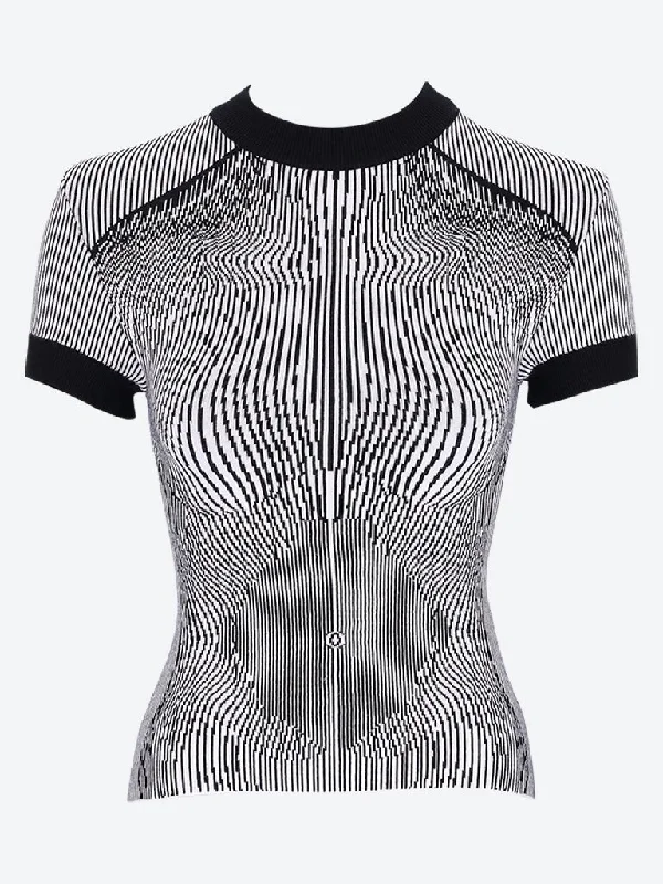 Morphing pinstripe jacquard knitted t-shirt-- Polka Dot Checkered Tartan