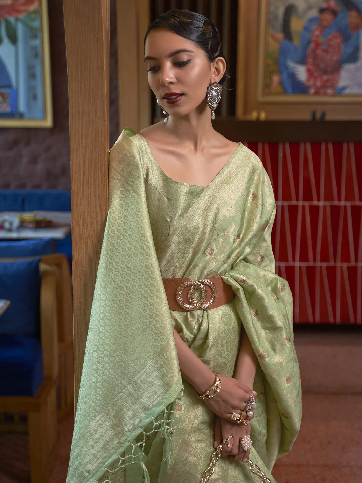 Saree Mall Women's  Blend Light Green Woven Design Designer Saree With Blouse Piece-KIRPAN281003 Casual Relaxed Blouse