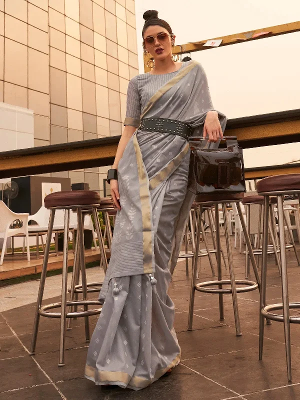 Saree Mall Women's  Blend Grey Woven Design Handloom Saree With Blouse Piece-KAROL5003 Off-Shoulder Wrap Blouse