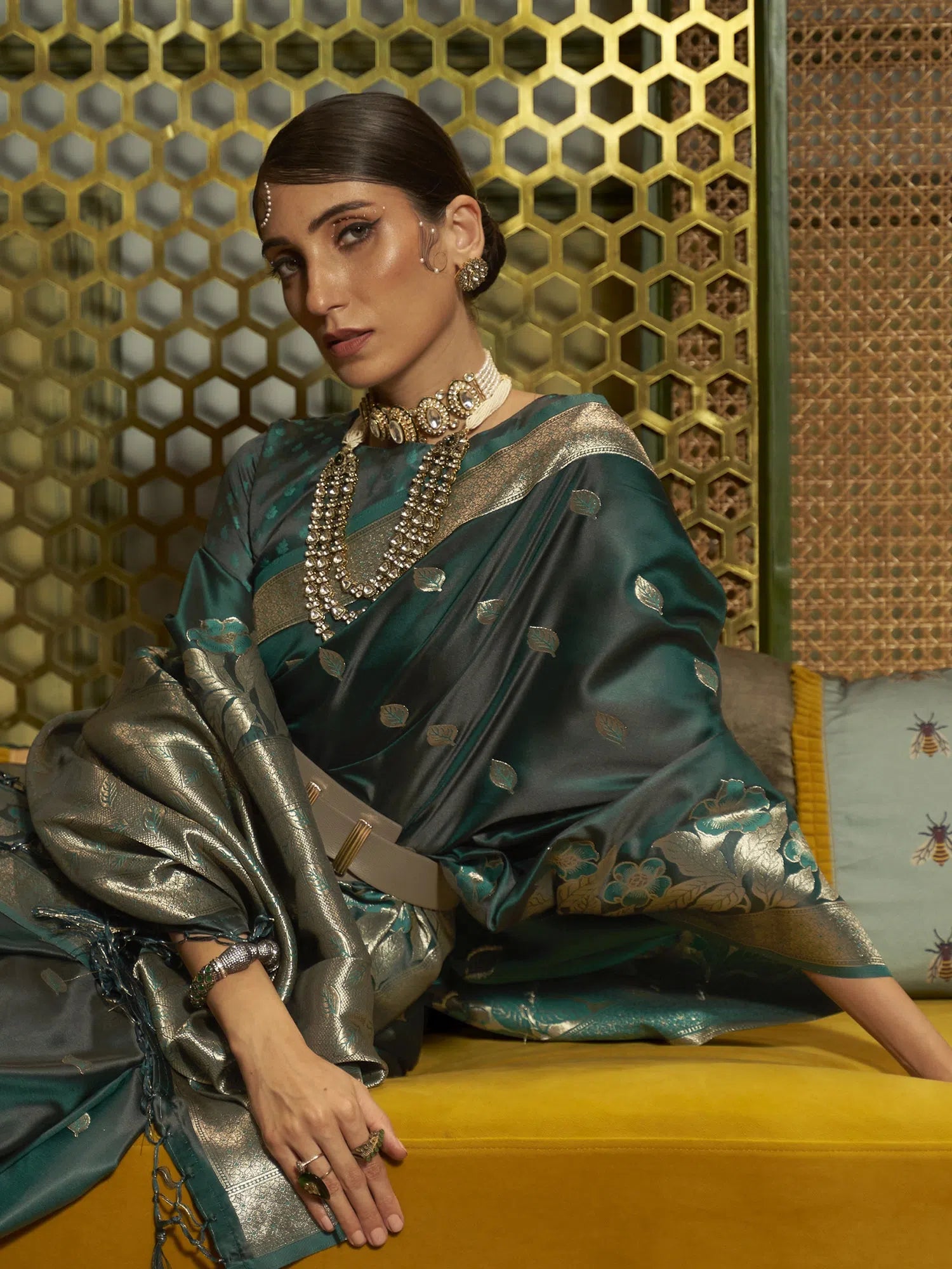 Saree Mall Women's  Blend Grey Woven Design Designer Saree With Blouse Piece-KRDHYA287006 Sheer Mesh Blouse