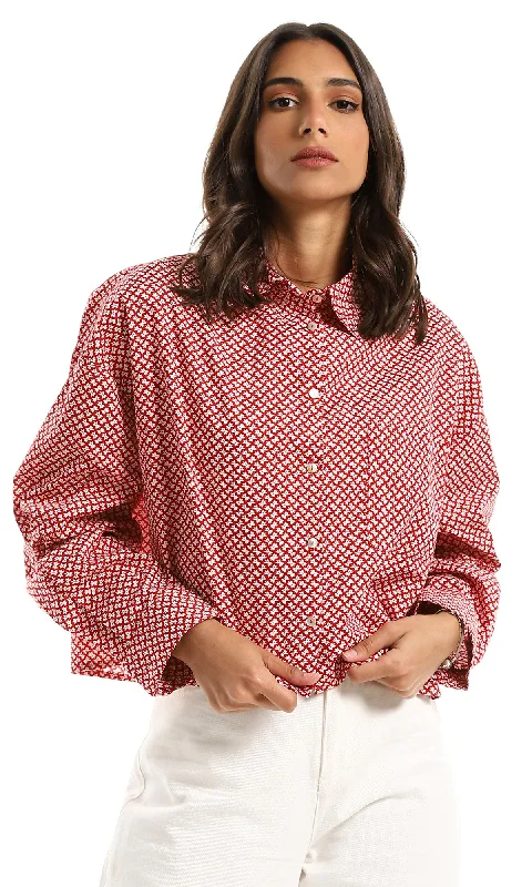 97328 Self Patterned Long Sleeves Buttoned Cropped Red Shirt-- Satin Blend Silk Blend Wool Blend