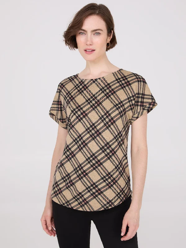 Plaid Cuffed Dolman Sleeve T-Shirt-- Chenille Blend Fleece Blend Nylon Blend