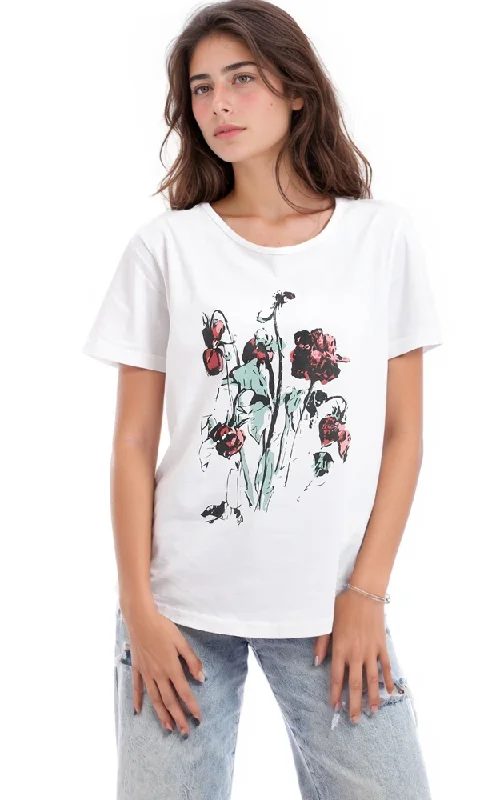 95466 Cotton Printed Round Collar T-Shirt - White-- Sequined Glittery Shiny