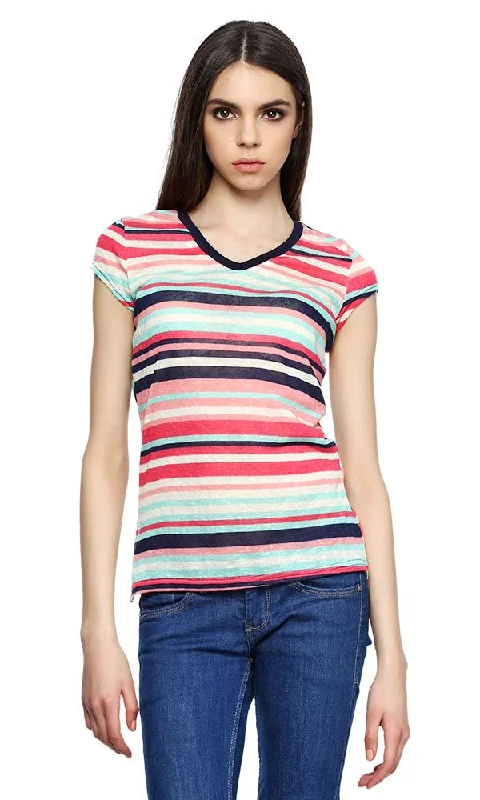 38748 Stripe T-Shirt -Multicolour-- Hooded Caped Shawl Collar