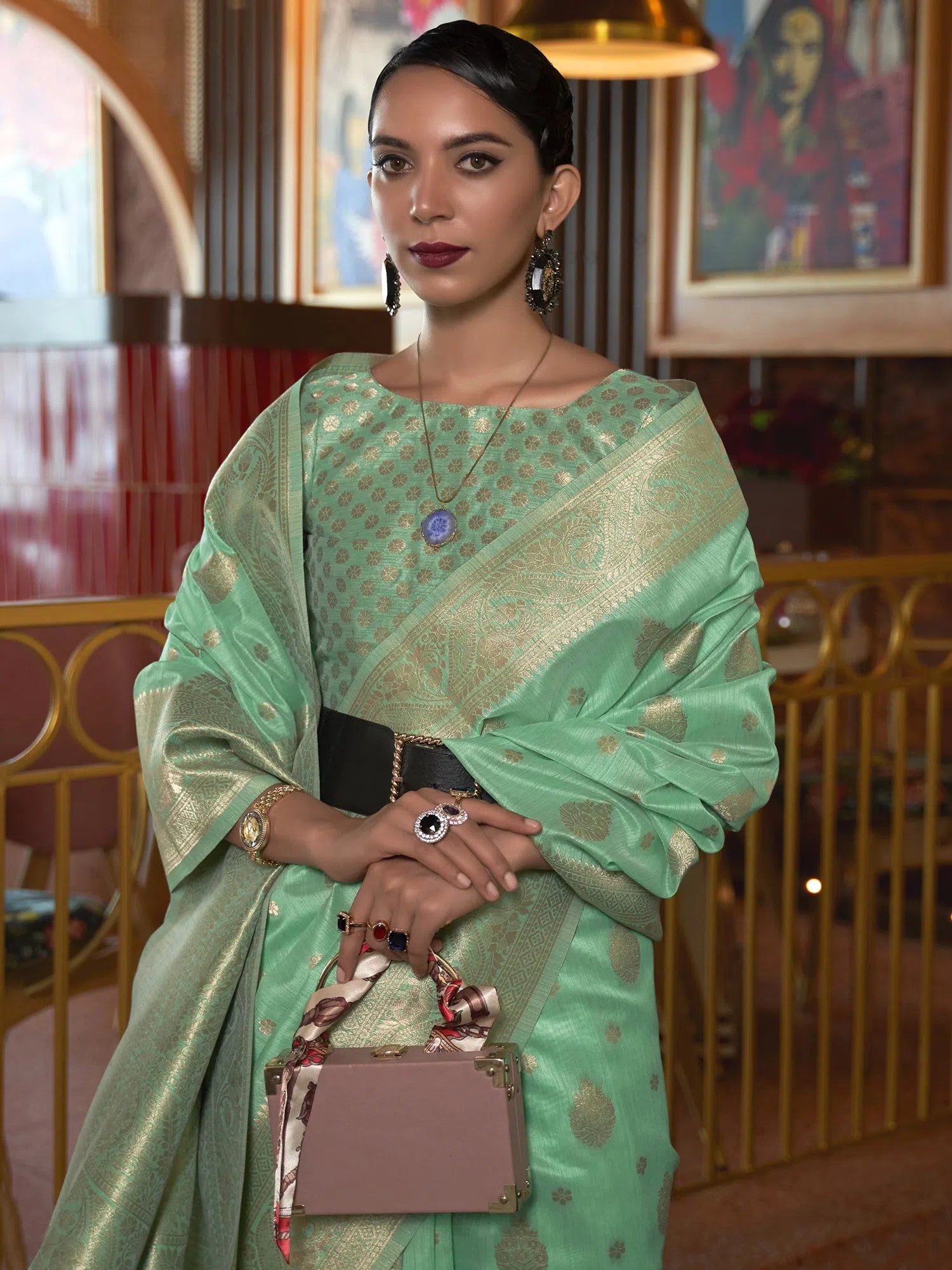 Saree Mall Women's  Blend Sea Green Woven Design Designer Saree With Blouse Piece-KMIRAH280004 Feminine Tie Blouse