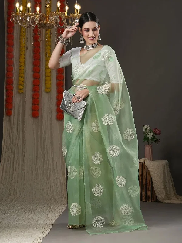 Saree Mall Women's Organza Olive Embroidered Designer Saree With Blouse Piece-4KAVI401 Frilled Cuff Blouse