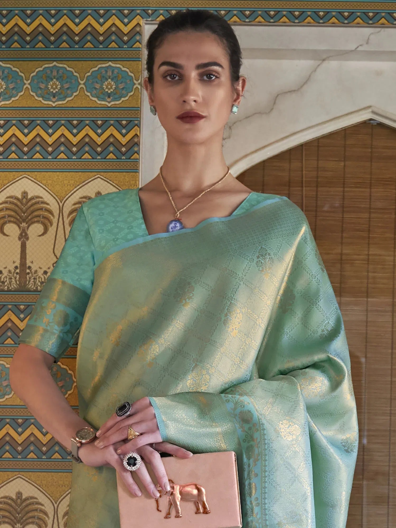 Saree Mall Women's  Blend Sea Green Woven Design Handloom Saree With Blouse Piece-KMBHP236006 Chic Square Blouse