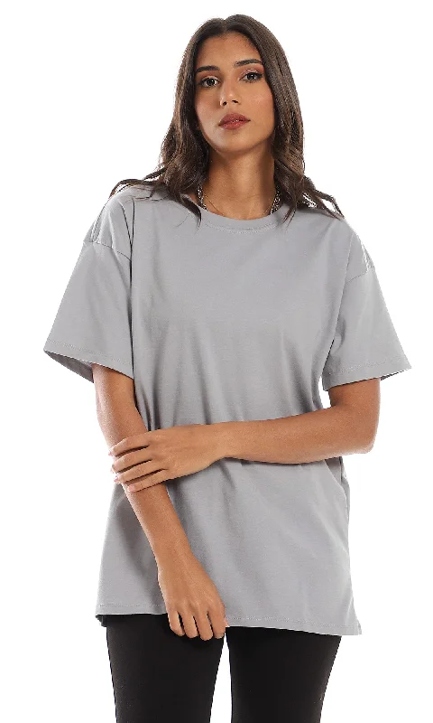98828 Round Neck Plain Cotton Grey T-Shirt-- Welt Pockets Slit Pockets Flap Pockets