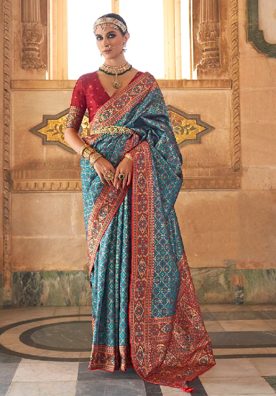 Blue Color Banarasi Silk Printed Woven Saree With Blouse Elegant Semi-Sheer Blouse