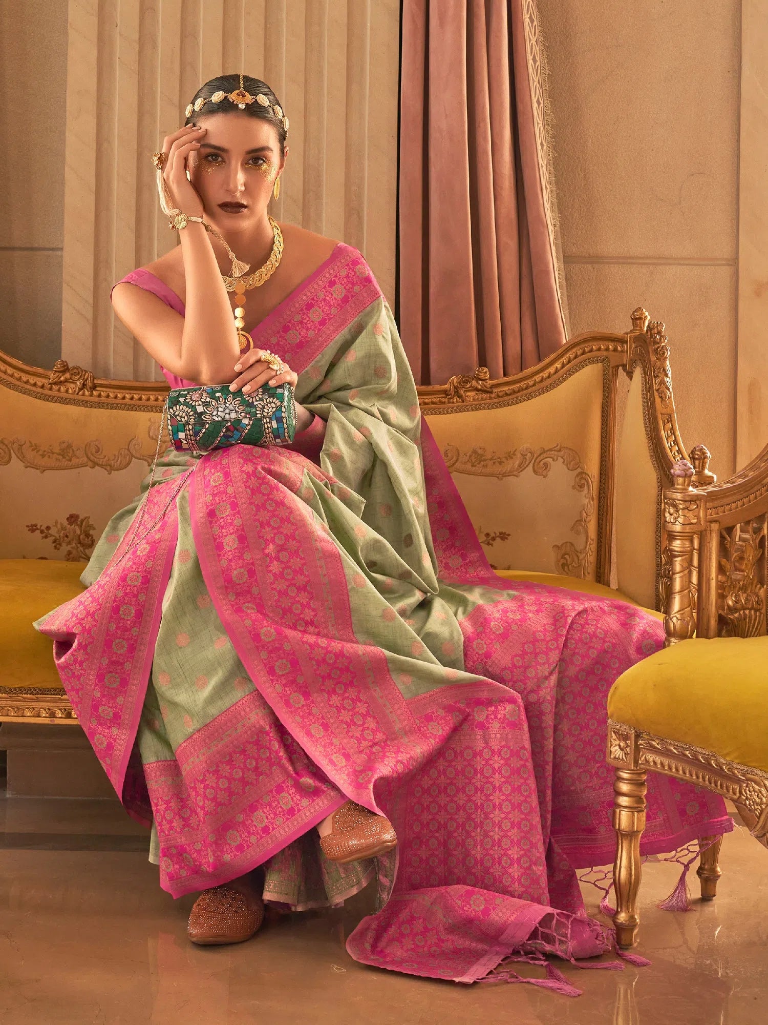 Saree Mall Women's  Blend Green Woven Design Designer Saree With Blouse Piece-KMSRA11006 Puff Sleeve Blouse