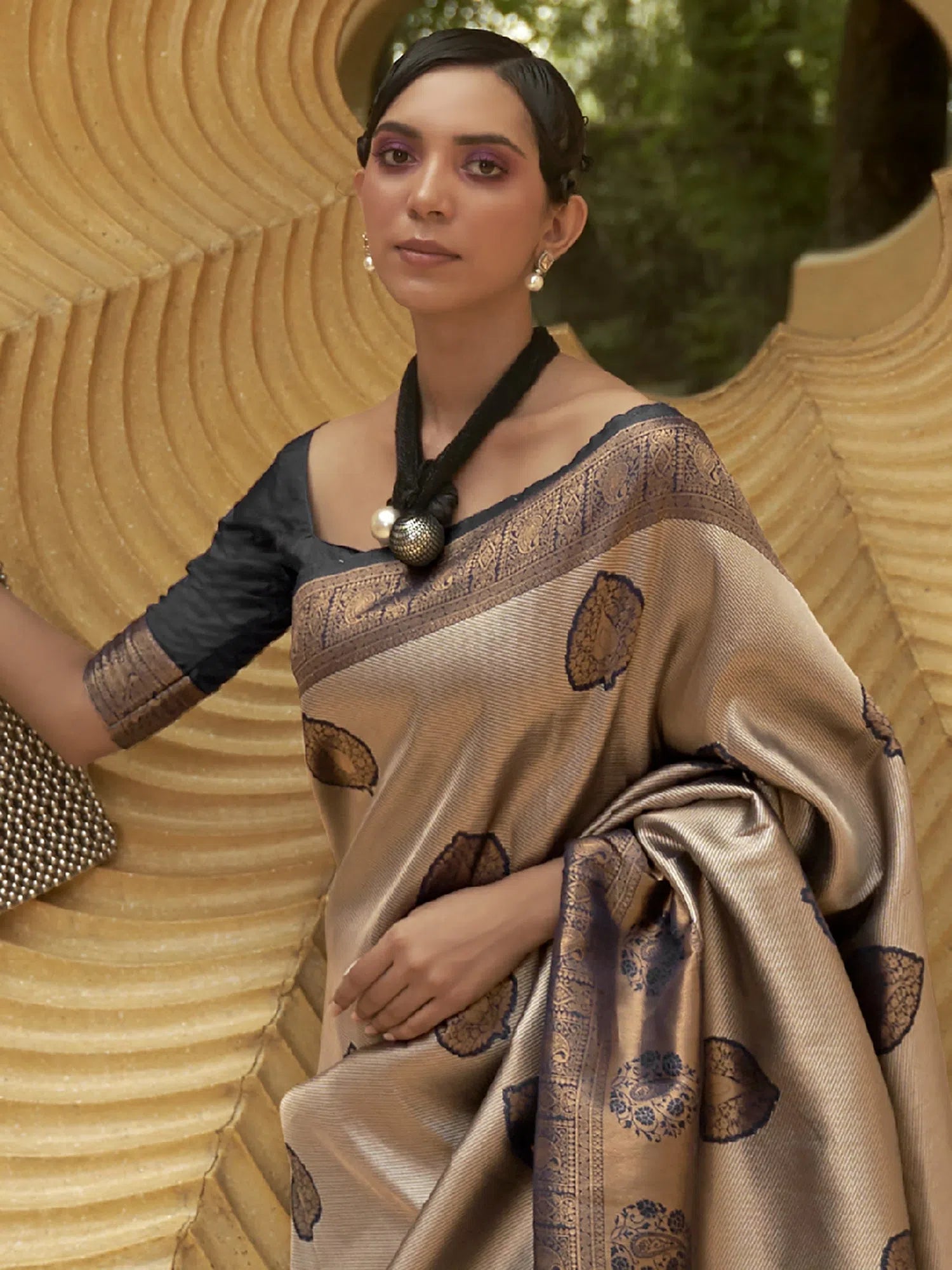 Saree Mall Women's Nylon Beige Woven Design Designer Saree With Blouse Piece-KORVAI264002 Boho Chic Blouse
