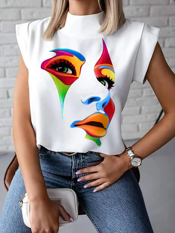 Original Casual High-Neck Cap Sleeves Face Printed T-Shirt Top L 105023-- Silk Blend Satin Velvet