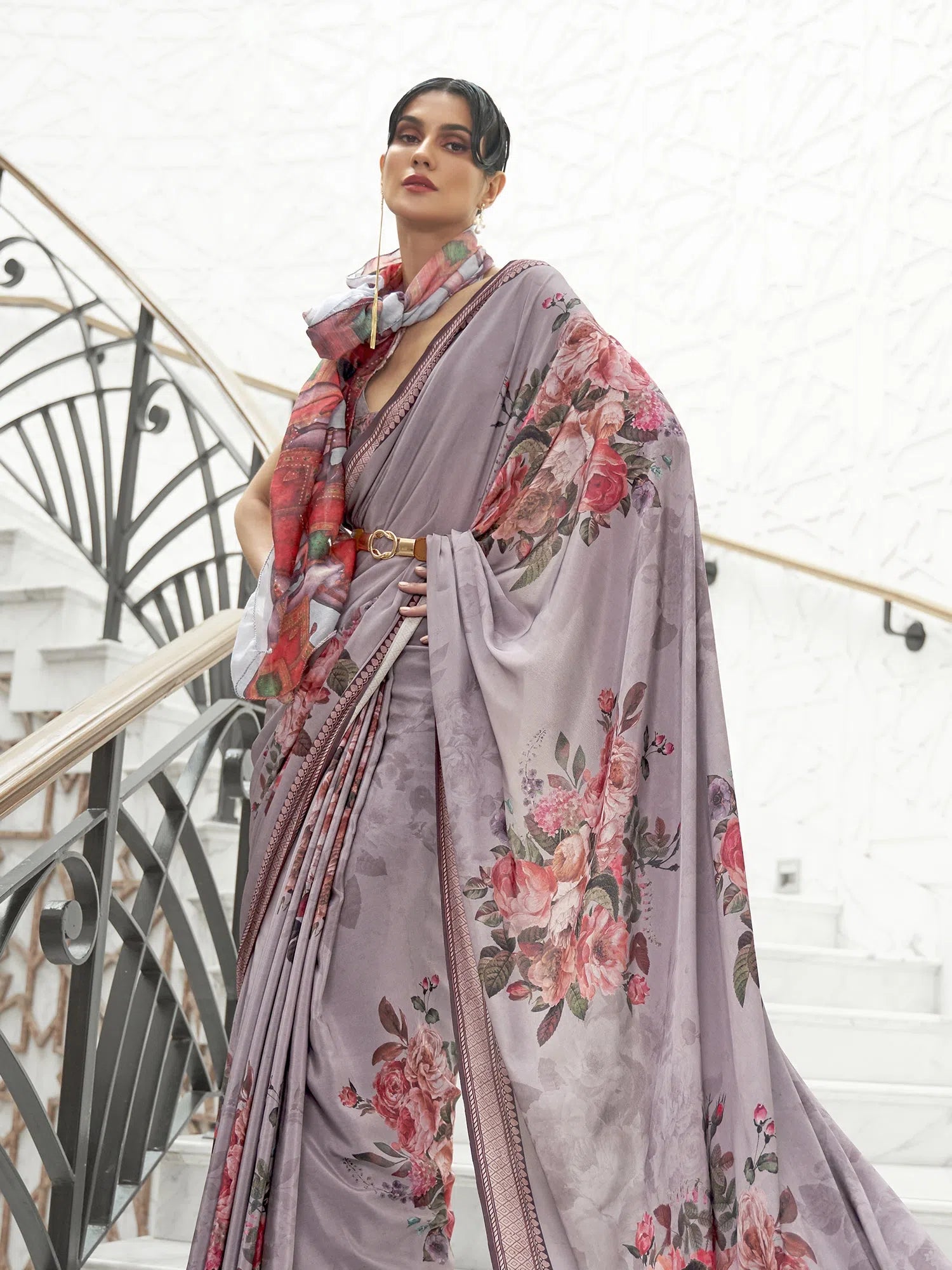 Saree Mall Women's Crepe Grey Digital Print Celebrity Saree With Blouse Piece-KLMKR232005 Embroidered Floral Blouse