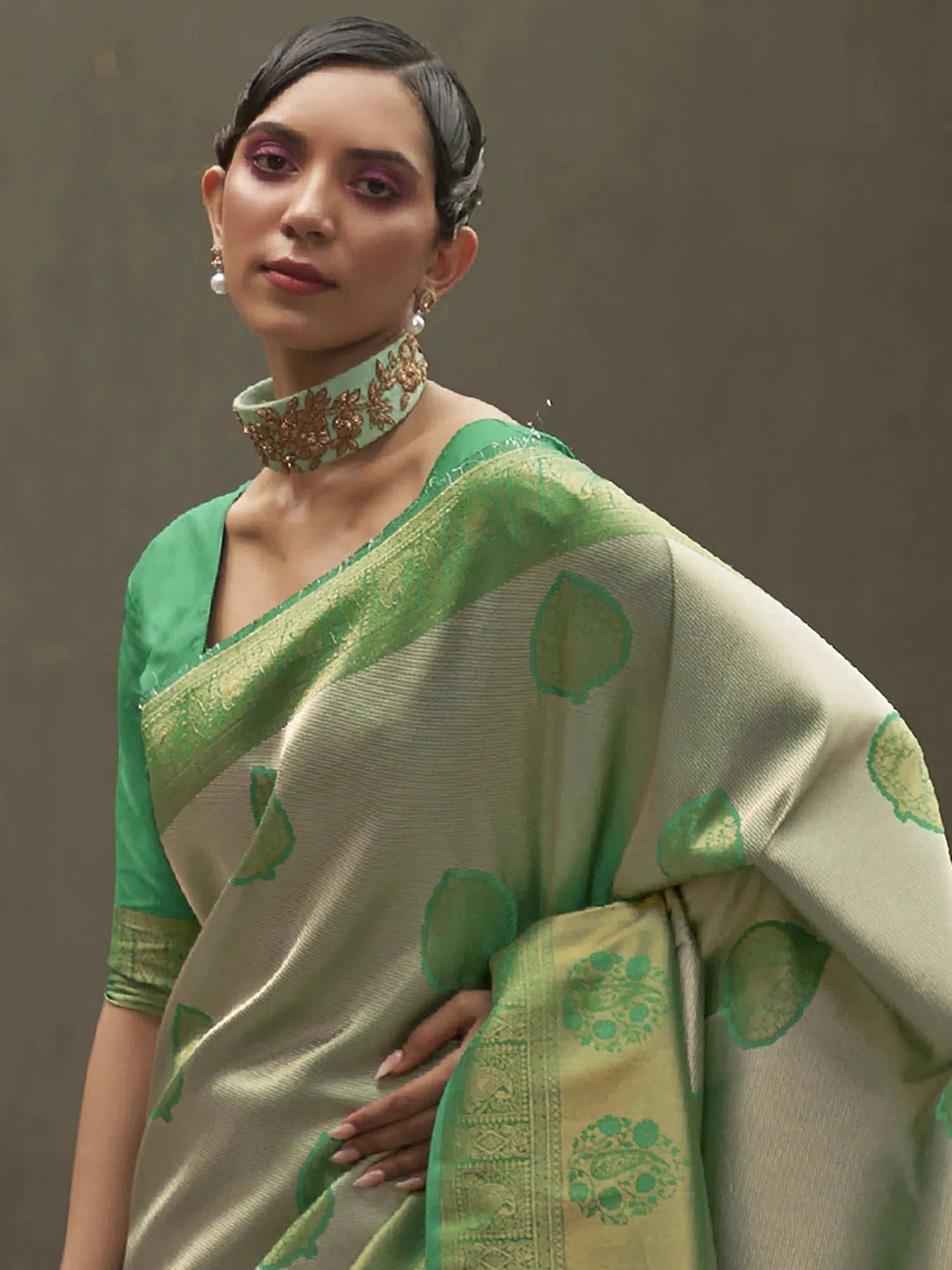 Saree Mall Women's Nylon Grey Woven Design Designer Saree With Blouse Piece-KORVAI264003 Stretchy Fitted Blouse