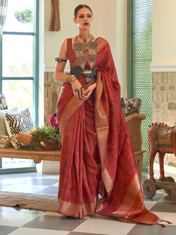 Saree Mall Women's Organza Rust Woven Design Handloom Saree With Blouse Piece-KALKI309001 Loose Fit Blouse