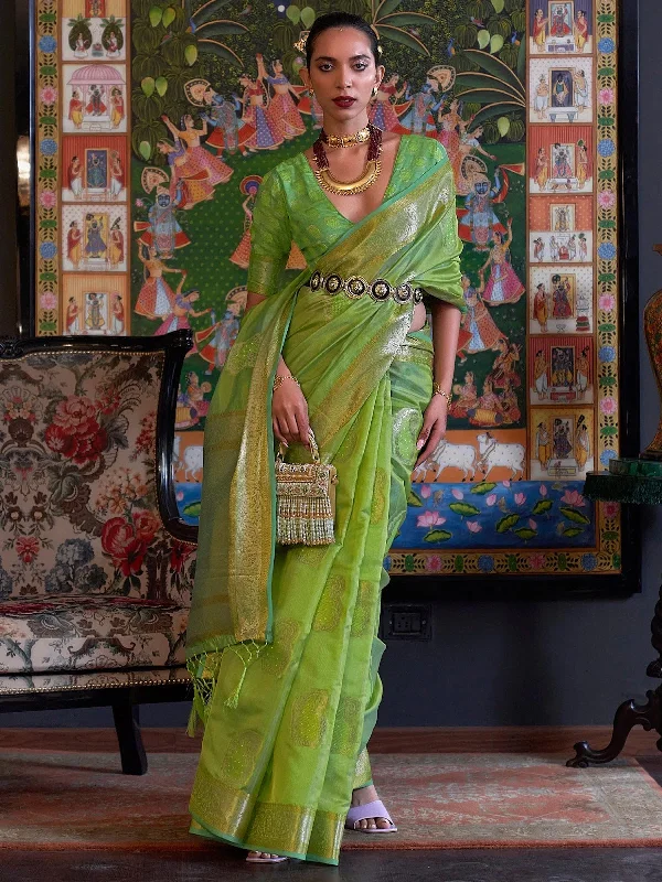 Saree Mall Women's Organza Green Embellished Designer Saree With Blouse Piece-KABINI315002 Airy Cotton Blouse