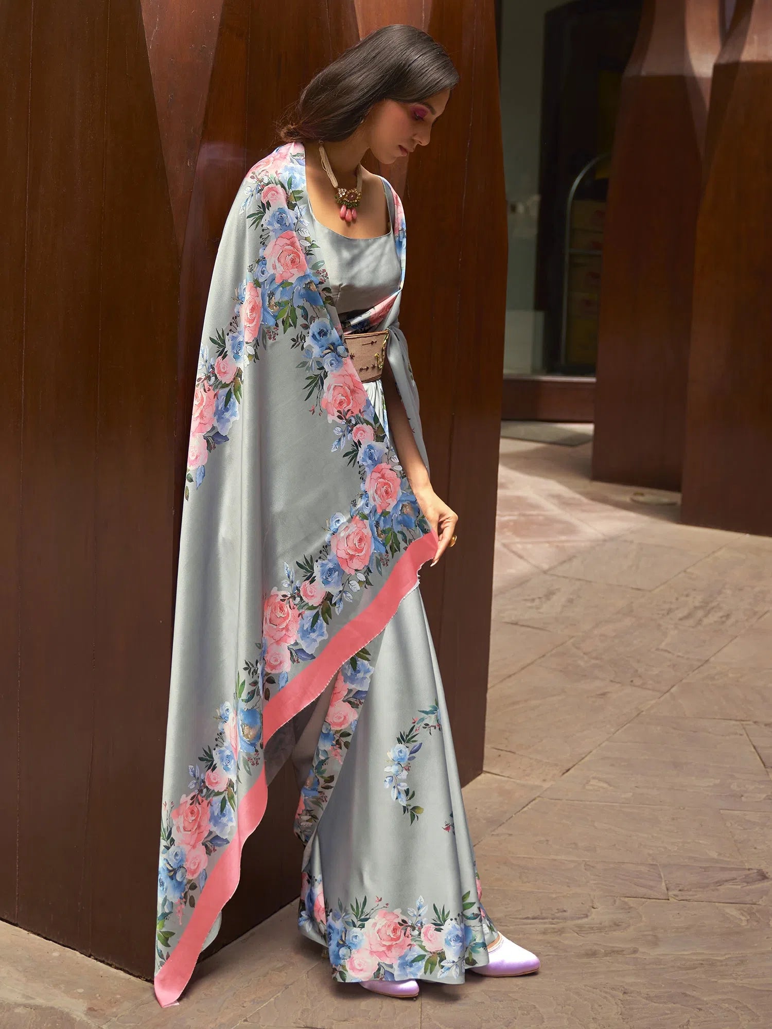 Saree Mall Women's Satin  Grey Digital Print Designer Saree With Blouse Piece-KUDOS260007 Sleeveless Summer Blouse