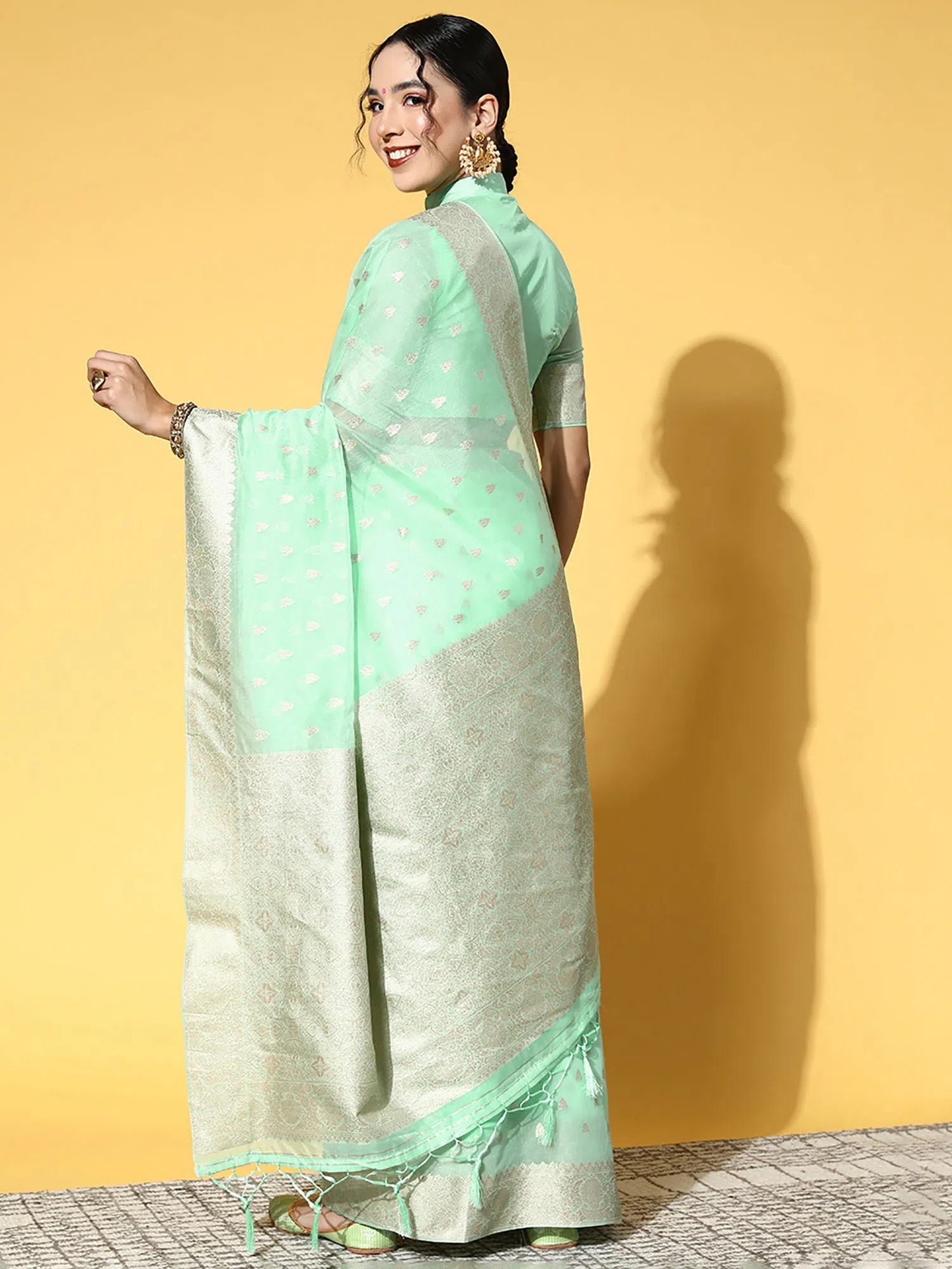 Saree Mall Women's Modal Green Woven Design Celebrity Saree With Blouse Piece-KORH241004 Frilled Cuff Blouse Saree Mall Women's Modal Green Woven Design Celebrity Saree With Blouse Piece-KORH241004 Frilled Cuff Blouse