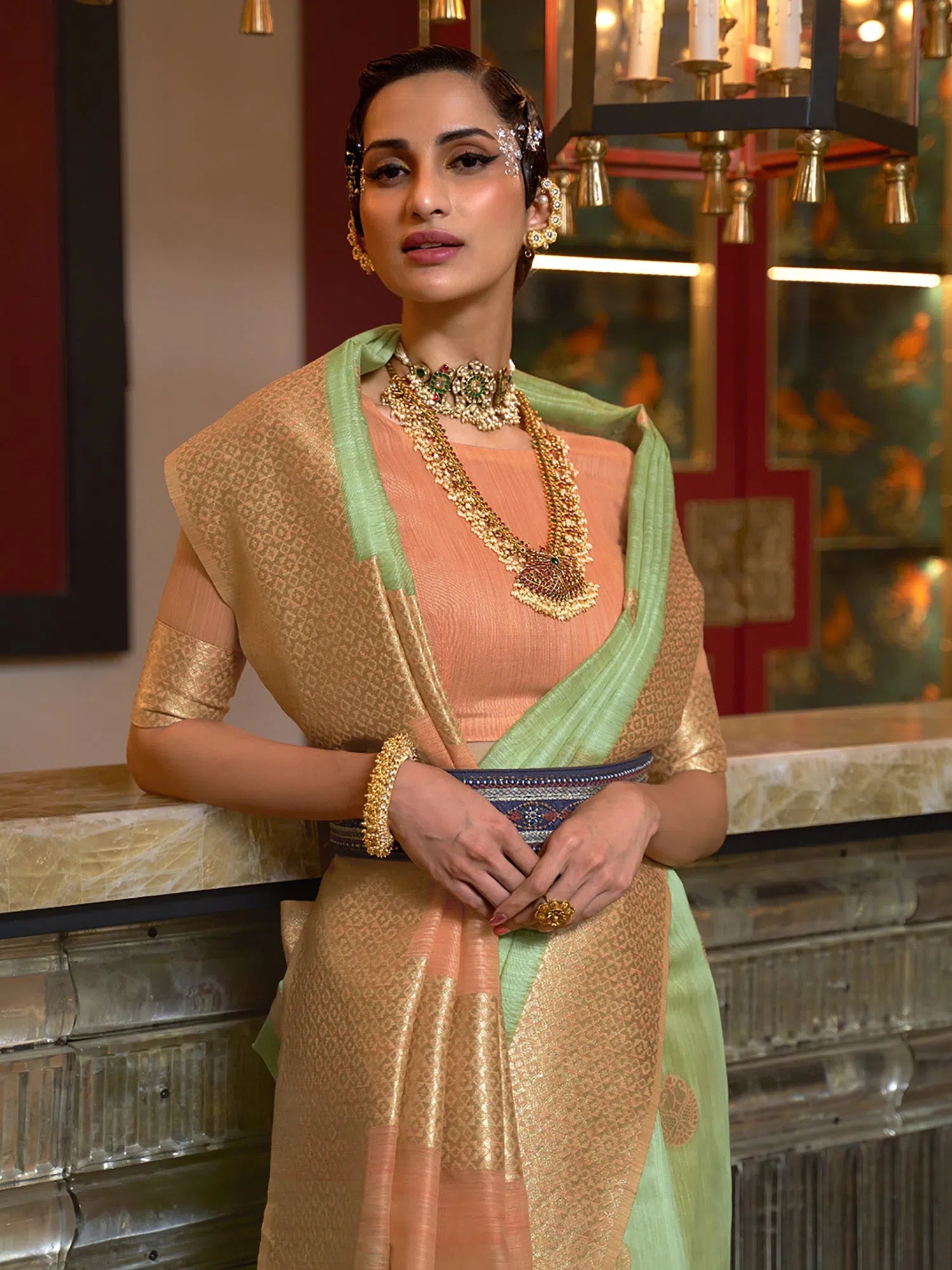 Saree Mall Women's Linen Green Woven Design Designer Saree With Blouse Piece-KOSKI293006 Asymmetric Hem Blouse