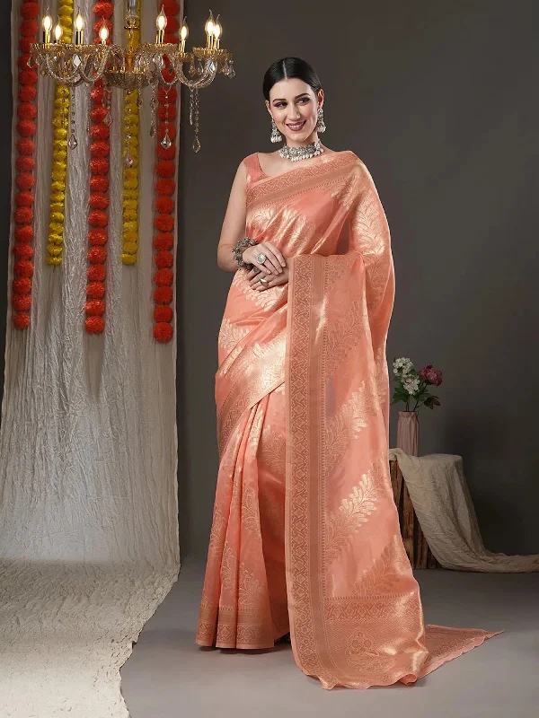 Saree Mall Women's Organza Peach Woven Design Designer Saree With Blouse Piece-ORGCL09 Soft Modal Blouse