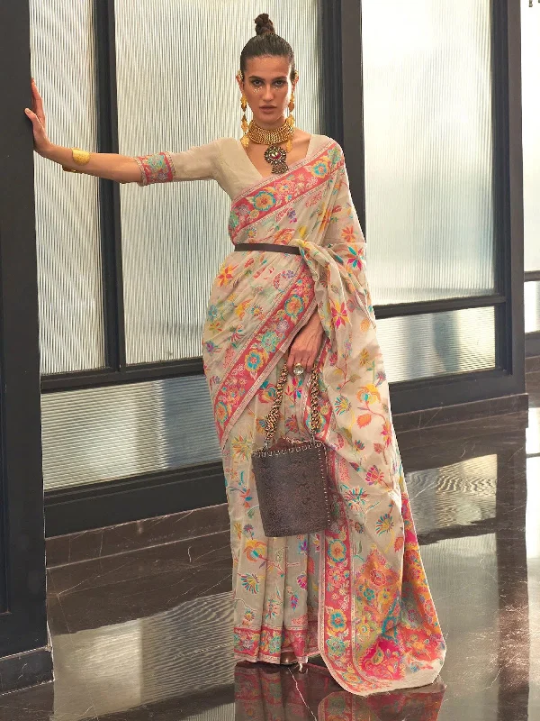 Saree Mall Women's  Blend Cream Woven Design Designer Saree With Blouse Piece-KABIRA311007 Business Casual Blouse