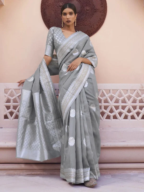 Saree Mall Women's Linen Blend Grey Woven Design Designer Saree With Blouse Piece-KAVNI217001 Cotton Casual Blouse
