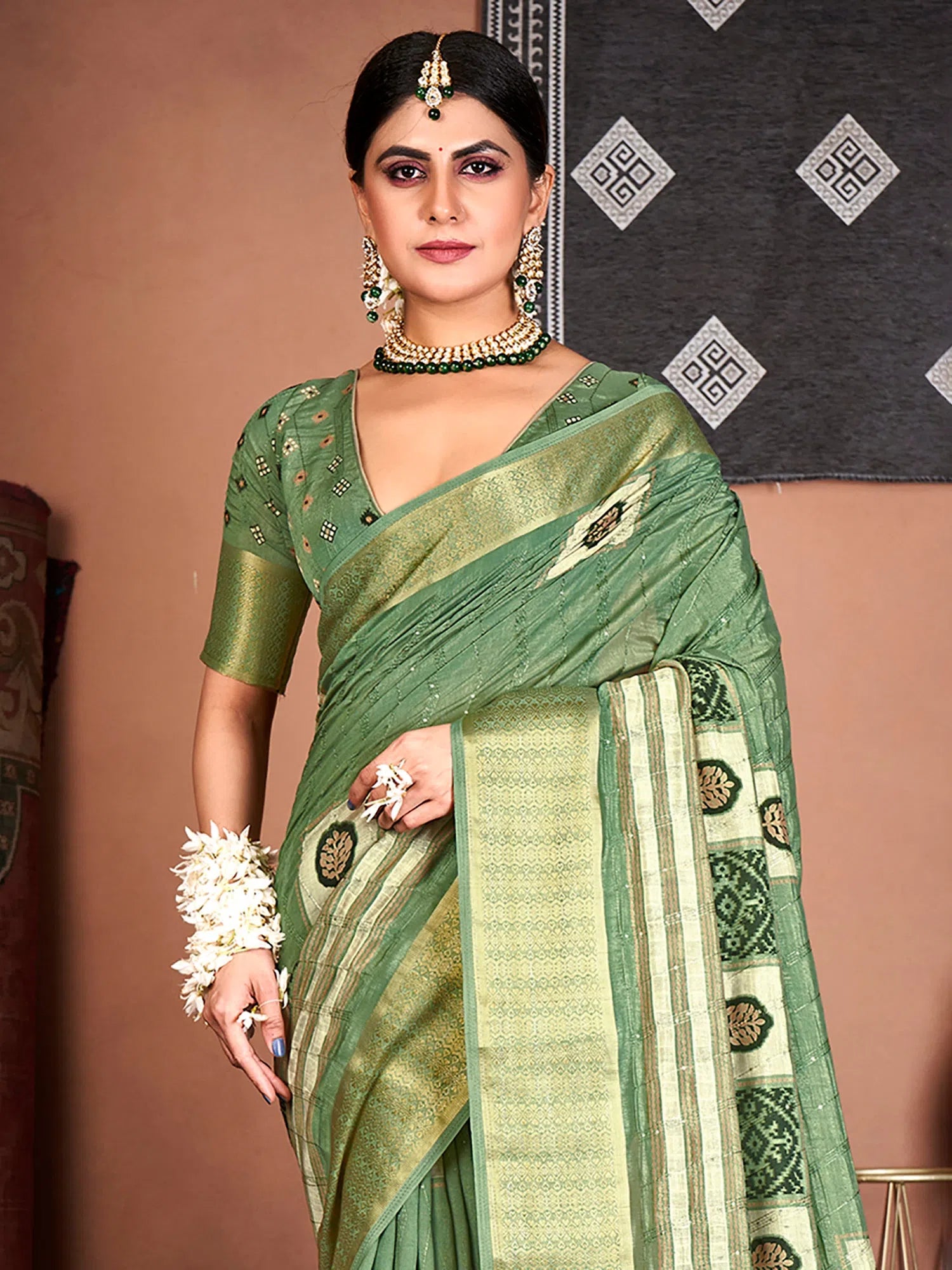 Saree Mall Women's  Blend Green Embroidered Designer Saree With Blouse Piece-KHADI1007 Loose Fit Blouse