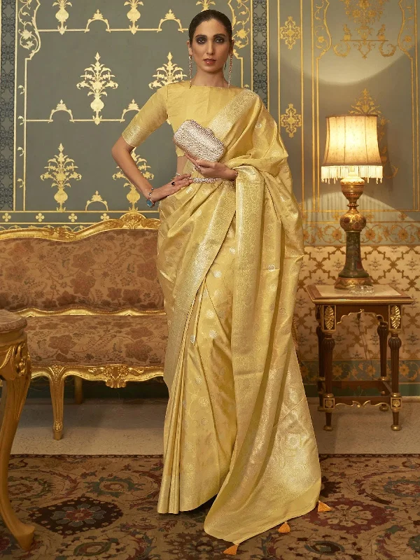 Saree Mall Women's  Blend Yellow Woven Design Handloom Saree With Blouse Piece-KANDNA221002 Ruched Sleeve Blouse
