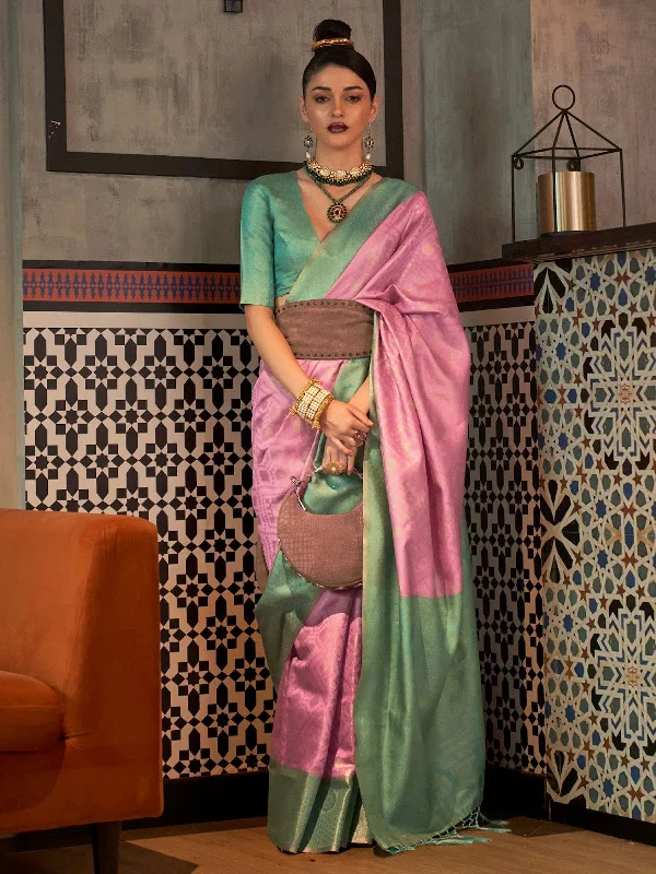 Saree Mall Women's  Blend Pink Woven Design Handloom Saree With Blouse Piece-KAIZAA4006 Gathered Detail Blouse