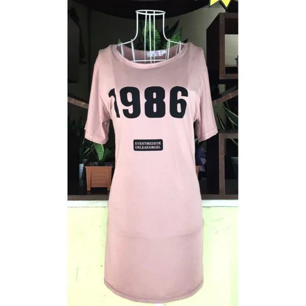Pink T Shirt Mini Dress L S4458075-- Solid Print Embellished