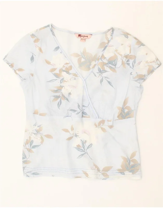 MONSOON Womens Blouse Top UK 14 Medium Blue Floral Linen Loose Oversized Blouse