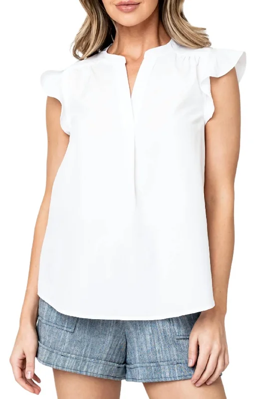 Notch Neck Flutter Sleeve Blouse Top In Ivory Romantic Lace Blouse