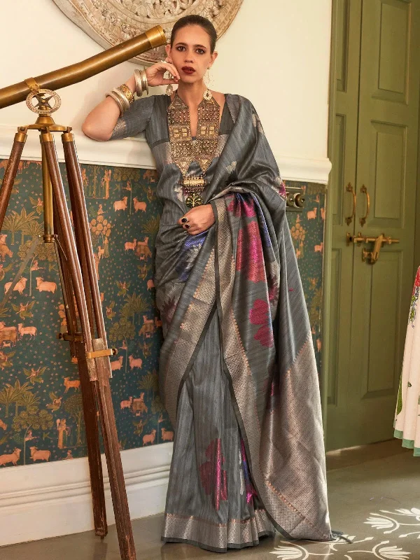 Saree Mall Women's  Blend Grey Woven Design Celebrity Saree With Blouse Piece-KALKI313001 Mandarin Collar Blouse