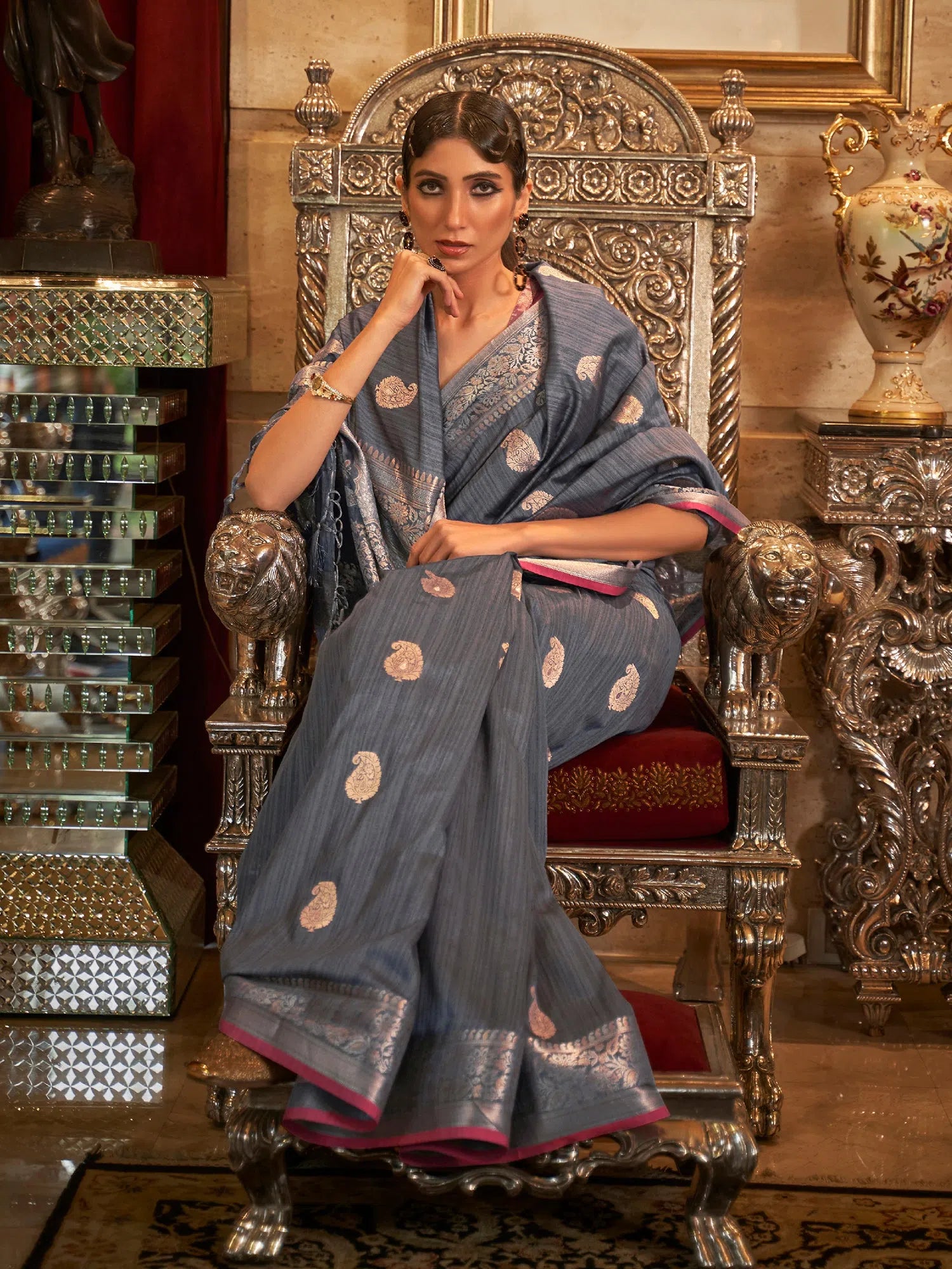 Saree Mall Women's  Blend Grey Woven Design Designer Saree With Blouse Piece-KIMNI227004 Chic Ruffle Blouse