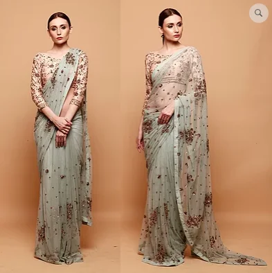Astha Narang Sky Blue Saree With Pink Blouse Wrap Front Blouse