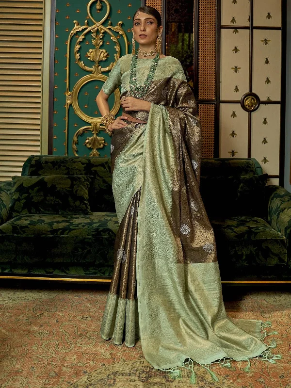 Saree Mall Women's  Blend Brown Woven Design Designer Saree With Blouse Piece-KANISKA289001 Bell Sleeve Blouse