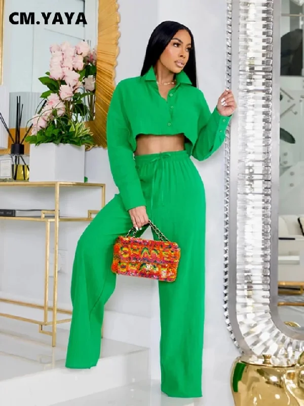 2 Piece Set Women Long Sleeve Mini Shirt and Wide Leg Straight Pants 457238-- Thin T-Shirt Open Front Quick Dry