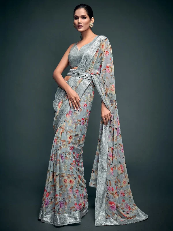Saree Mall Women's Georgette Grey Printed Celebrity Saree With Blouse Piece-VASTRA24 Textured Cotton Blouse