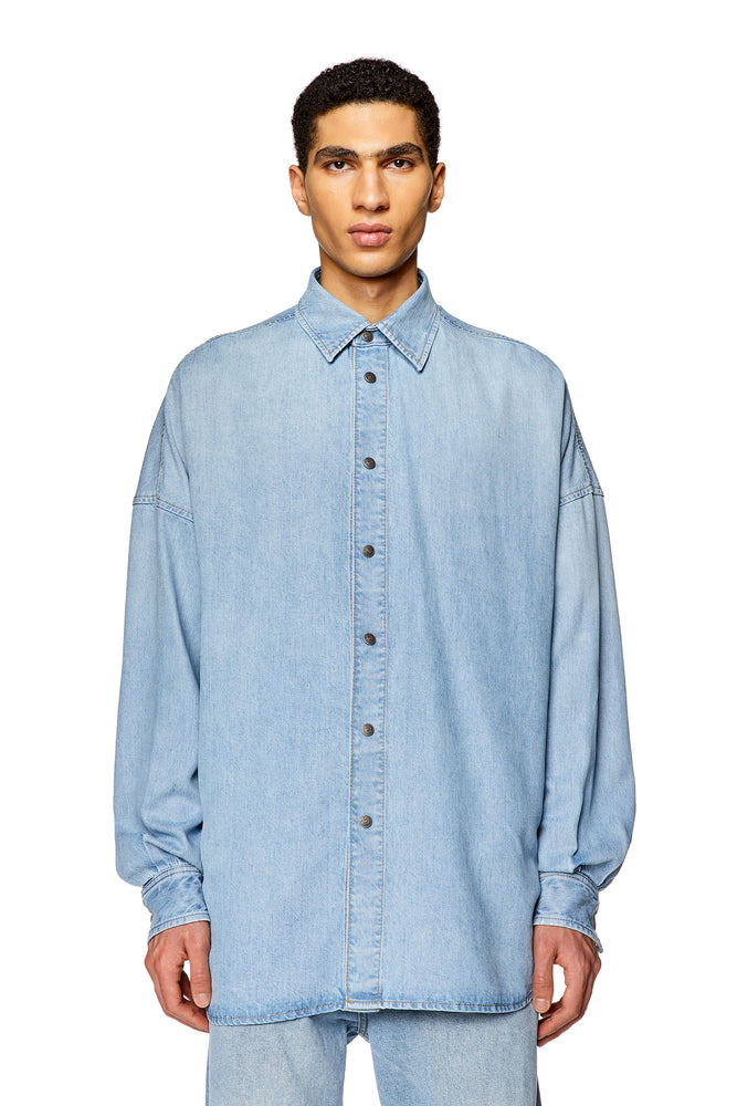 Shirt in denim with distressed logo-- Rayon Fabric Velvet Fabric Corduroy Fabric
