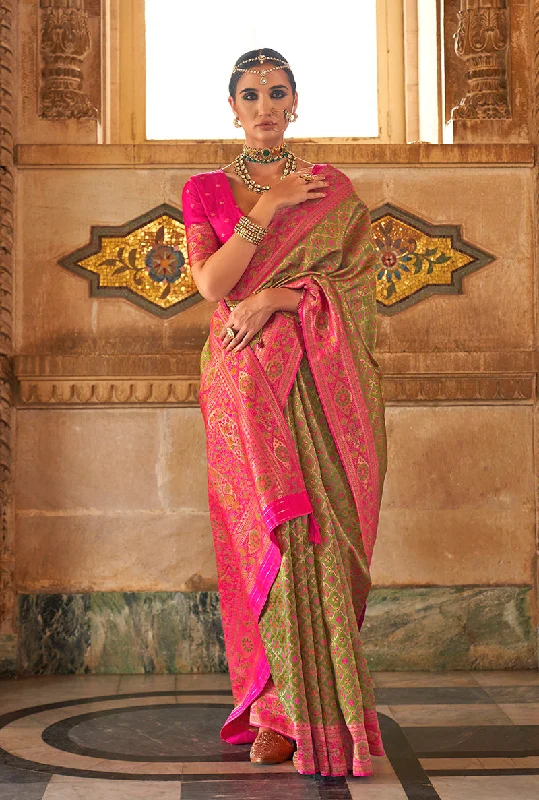 Olive Color Banarasi Silk Printed Woven Saree With Blouse Silky Tunic Blouse