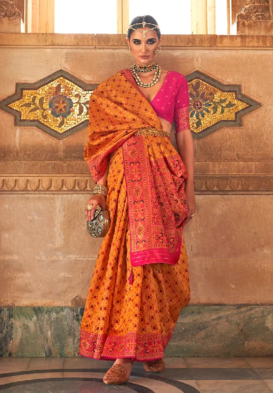 Amber Color Banarasi Silk Printed Woven Saree With Blouse Gathered Detail Blouse