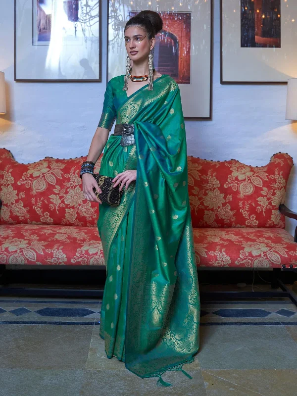 Saree Mall Women's  Blend Sea Green Woven Design Designer Saree With Blouse Piece-KANYATHA301005 Side Tie Blouse